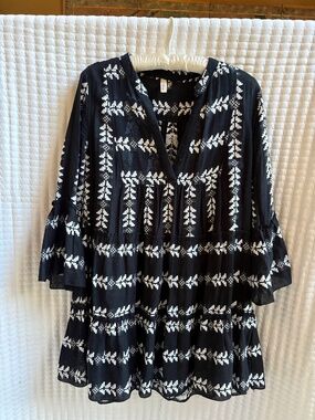 : Elan Acklins Black White Embroidered Boho Mini Dress Size L